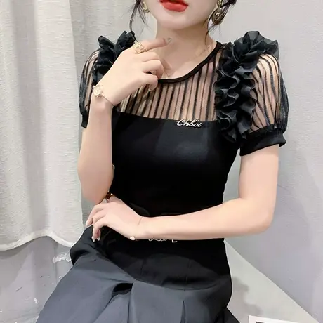 夏装性感网纱拼接T恤女短袖洋气木耳边上衣设计感时尚镂空小衫潮商品大图