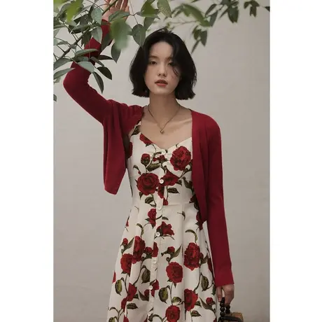 弥古红色针织防晒开衫外套薄款法式小坎肩披肩吊带裙外搭罩衫女夏图片