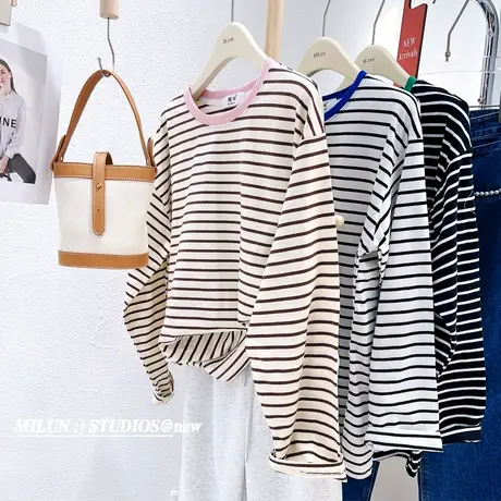韩国东大门长袖上衣春秋款高级感别致粉条纹T恤软糯宽松百搭休闲图片