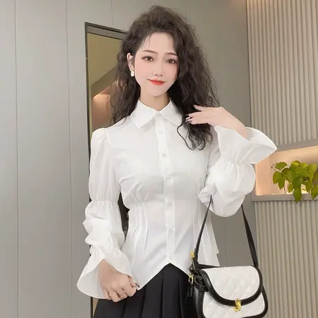 法式polo领收腰泡泡袖衬衫女白色长袖小衫春季新款甜美小个子衬衣图片