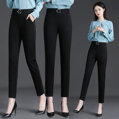 高腰哈伦裤女2023年秋季新款直筒西裤休闲松紧腰开叉小脚九分裤子图片