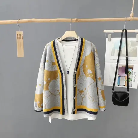 简约提花长袖针织开衫女秋冬新款韩范慵懒风加厚外套毛针织衫上衣图片