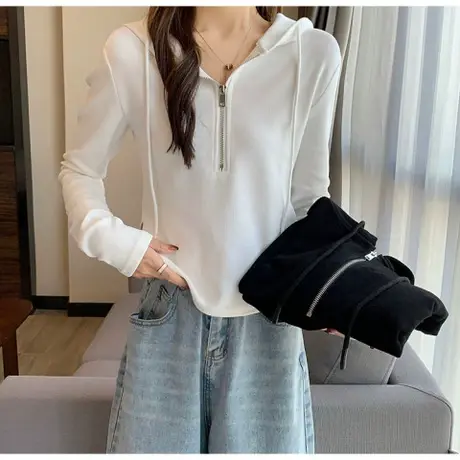 别致短款连帽长袖t恤卫衣女春秋季新款半拉链设计感打底小衫上衣图片