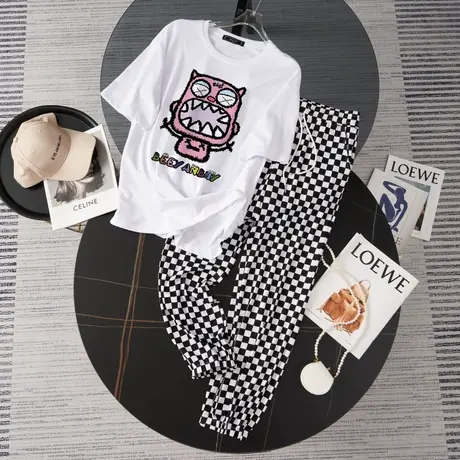 港风运动服套装跑步女夏季宽松短袖长裤小个子网红炸街休闲两件套图片