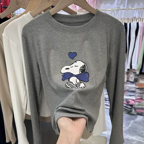 2023春秋新款卡通印花短款内搭T恤女显瘦百搭洋气长袖打底衫上衣商品大图