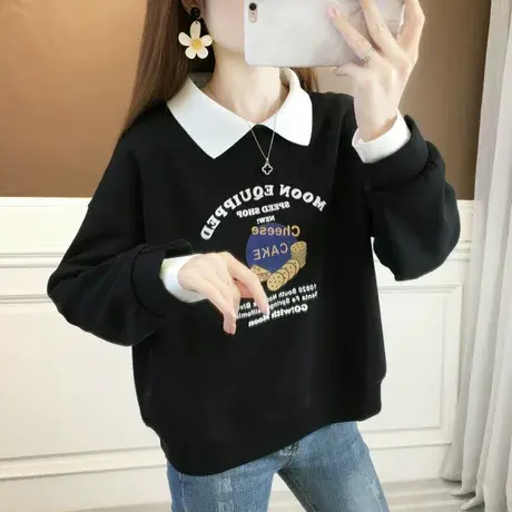 设计感小众小个子卫衣女春秋季韩版宽松薄款娃娃领假两件上衣外套图片