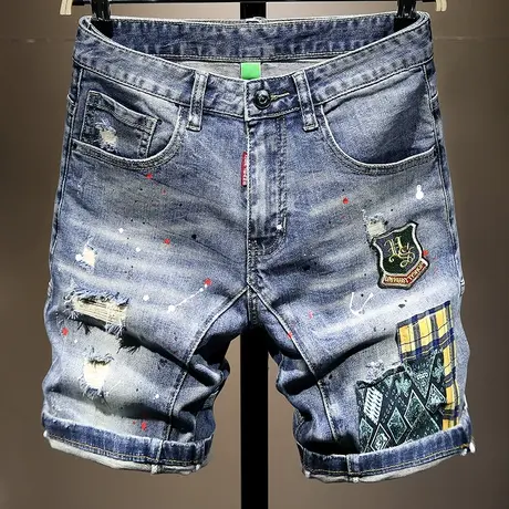 夏季潮牌薄款破洞牛仔短裤男直筒宽松韩版潮流五分裤男生马裤中裤商品大图