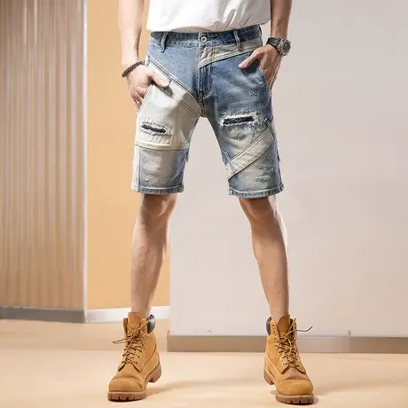 Modi Nick/摩帝尼克男士潮流破洞五分裤薄款潮流牛仔修身男士短裤商品大图