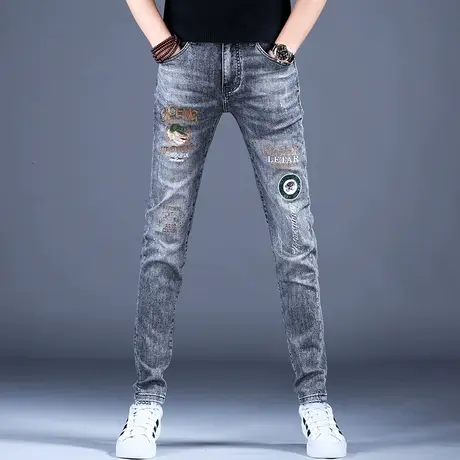 男士灰色刺绣牛仔裤男款弹力潮牌高档裤子男2023新款修身小脚休闲商品大图