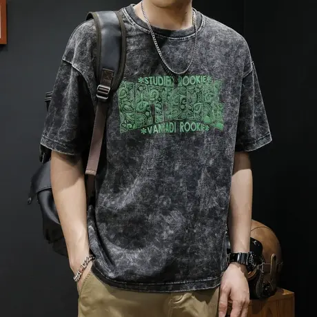 重磅美式短袖t恤男夏季宽松胖子大码ins潮牌男士半袖体恤日系复古商品大图