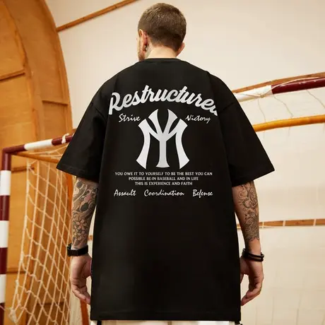 高街潮牌宽松T恤胖子短袖男加肥加大五分袖纯棉肥佬大码男装夏季商品大图