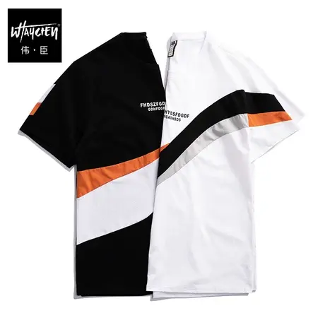 伟臣2023夏季新品大码男士拼接短袖T恤胖子加肥加大宽松圆领体恤商品大图