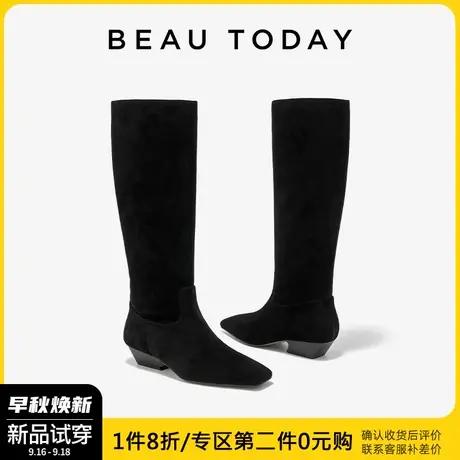 BeauToday复古骑士靴女秋冬黑色长筒靴女2023新款瘦瘦靴女弹力靴图片