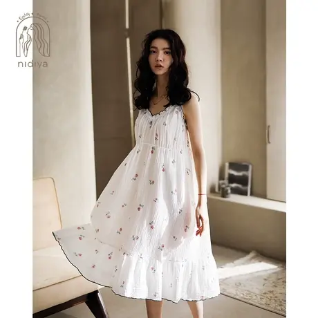 妮狄娅新款睡衣睡裙女人夏季纯棉纱布v领吊带甜美碎花少女家居服图片