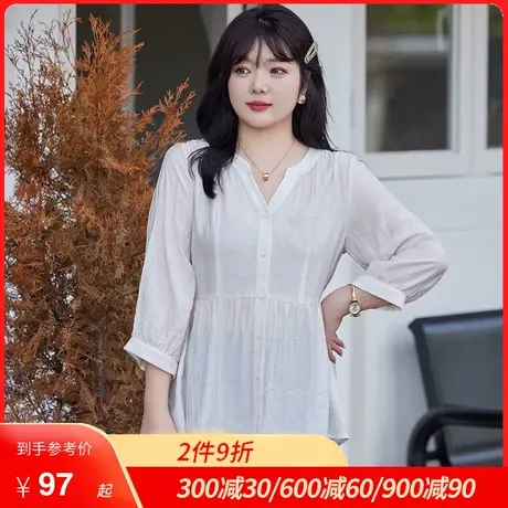 大码女装2024秋季新款V领休闲百搭七分袖小衫显瘦收腰胖MM上衣V领图片