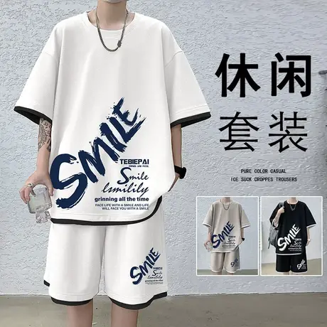 夏季宽松套装男短袖T恤半袖2024新款短裤居家美式薄款运动两件套商品大图