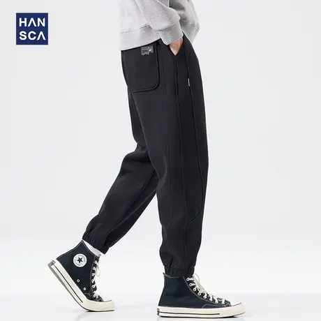 hansca重磅卫裤男春秋款潮牌宽松青少年运动休闲大码束脚黑色长裤图片