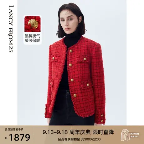 朗姿黑科技保暖法式小香风羊毛短外套设计感女秋冬季新款红色棉服图片