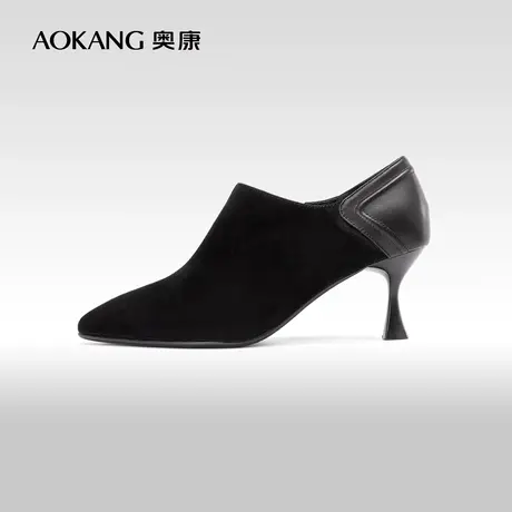 奥康女鞋 春秋季新款细跟磨砂绒面尖头单鞋法式及踝靴图片
