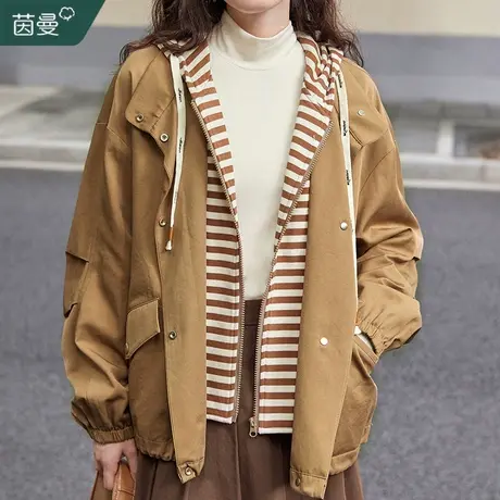 茵曼旗舰店短外套女春秋新款风衣宽松连帽休闲假两件夹克上衣2023图片