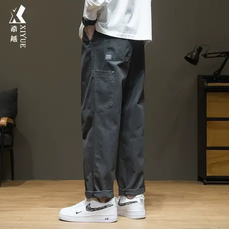 希越纯棉复古休闲裤男秋季宽松大码ins秋冬加绒加厚拼接直筒长裤商品大图