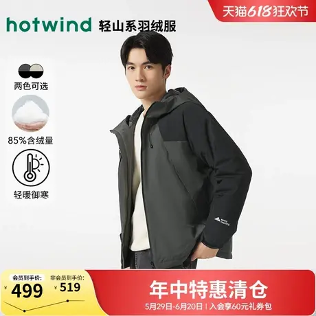 热风2024年冬季新款男士轻户外拼接潮流羽绒服外穿连帽休闲外套商品大图
