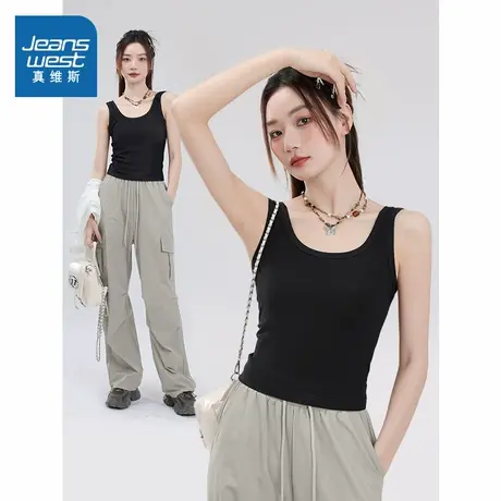 KMV真维斯黑色吊带背心女2025新款内搭女装夏季外穿方领法式上衣图片