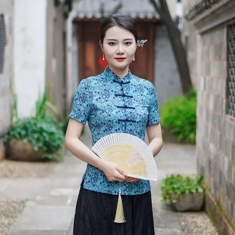 筠雅夏季新款简约清新旗袍式上衣唐装女改良版修身复古素衣24J240商品大图