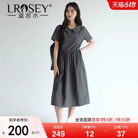 【抽绳双口袋亚麻连衣裙】蓝若水大码2025夏装新款减龄翻领工装裙图片