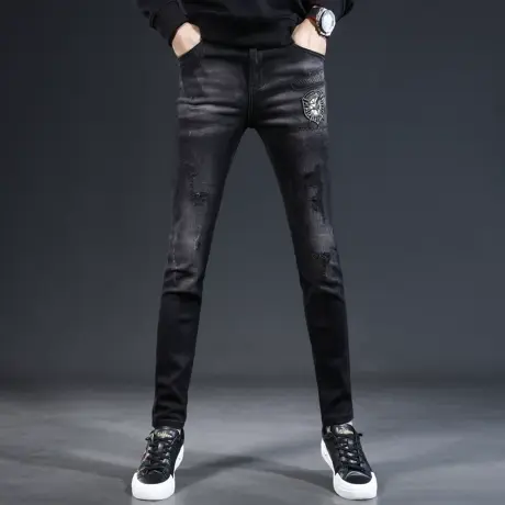 破洞牛仔裤男秋季2023新款黑色修身小脚时尚潮流刺绣弹力补丁裤子图片