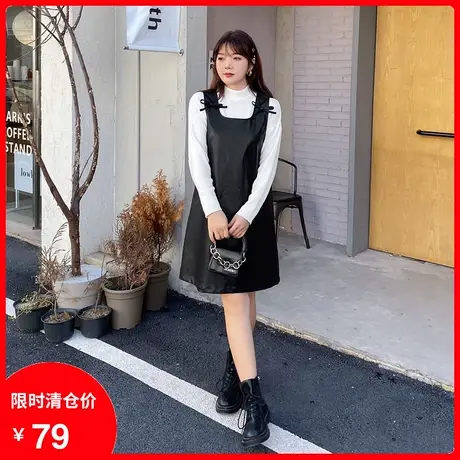 大码女装2023年秋季减龄蝴蝶结显瘦直筒遮肉胖MM皮裙背带连衣裙图片