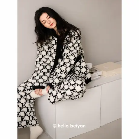 贝妍高级感睡衣女冬季加厚珊瑚绒小香风女保暖家居服开衫宽松套装图片