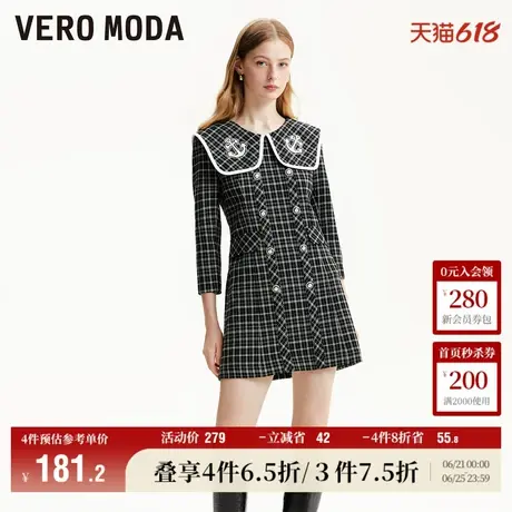 Vero Moda奥莱连衣裙子秋冬新款航海风翻领双排扣复古格纹女百搭图片