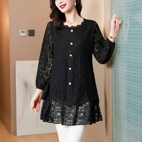 蕾丝打底衫女早秋新款宽松加肥加大码女装中长款洋气遮肚显瘦上衣商品大图