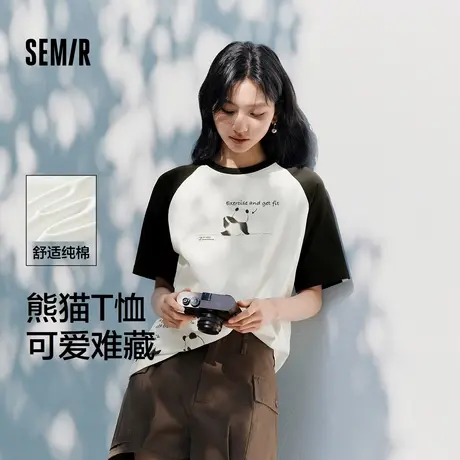 [商场同款]森马短袖T恤女中长款插肩袖宽松2024新款熊猫纯棉夏装商品大图