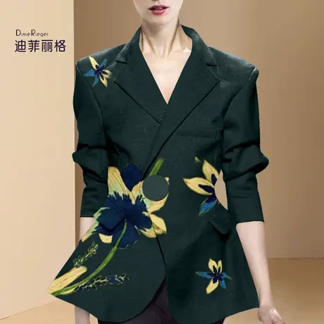 迪菲丽格秋装2023新款时尚休闲印花西装外套女复古气质绿色小西装图片