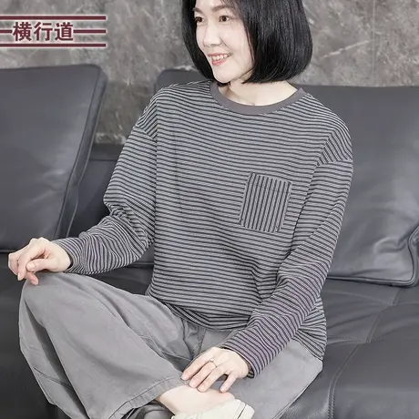 宽松细条纹长袖圆领上衣大码女装海军风体恤秋装小衫显瘦打底衫图片