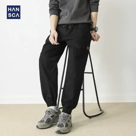 hansca蒙古绒弹力抽绳休闲裤男秋季2025新款宽松束脚贴布黑色裤子商品大图