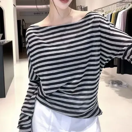 条纹一字领露肩长袖T恤女春秋季韩版宽松显瘦打底衫内搭外穿上衣商品大图