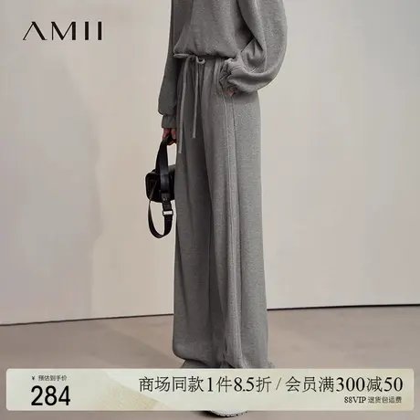 Amii2025秋新款极简休闲运动风微弹宽松阔腿抽绳橡筋腰休闲长裤商品大图