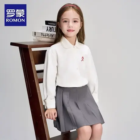 罗蒙童装法式学院娃娃领柔丝绒刺绣衬衫女童2025新款女孩白边衬衣商品大图