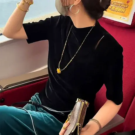 韩版时尚圆领中袖丝绒T恤衫女秋季新款宽松显瘦百搭气质打底上衣商品大图