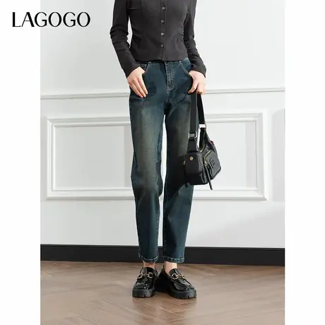 LAGOGO弹力垂顺牛仔裤女拉谷谷2024年冬季新款带腰带水洗直筒裤商品大图