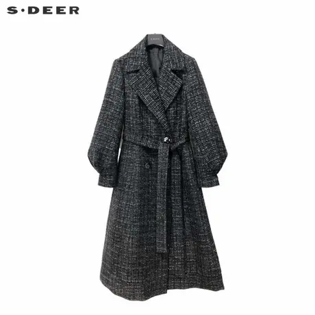 sdeer圣迪奥女装西装领格纹收腰灯笼袖长款羽绒服S234Z2404商品大图