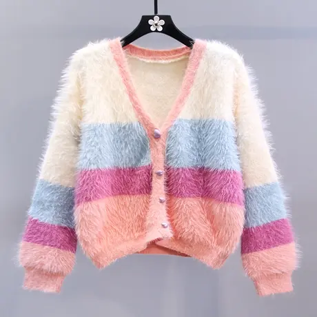 日系甜美拼色条纹毛衣外套女秋冬2023新款宽松慵懒风V领针织开衫商品大图