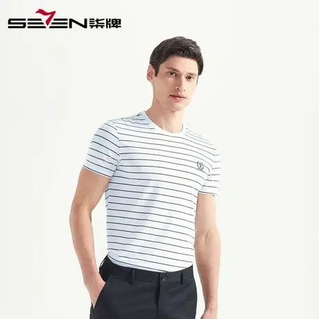 柒牌男装清仓短袖T恤休闲时尚圆领透气半袖条纹微弹青年短t轻柔图片