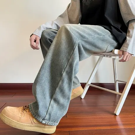 唐狮新款春秋季牛仔长裤男宽松复古水洗阔腿裤美式高街百搭TU商品大图