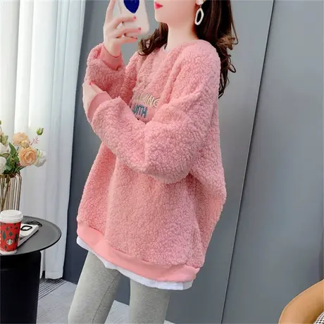假两件羊羔毛圆领卫衣女加绒加厚2023年新款秋冬宽松慵懒时尚上衣商品大图