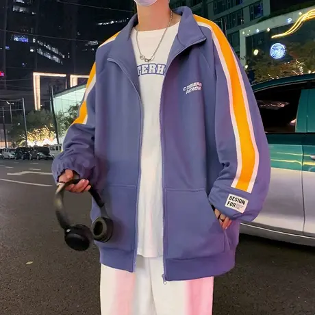 美式宽松卫衣男ins潮牌秋冬季新款运动拼色上衣休闲拉链开衫外套商品大图