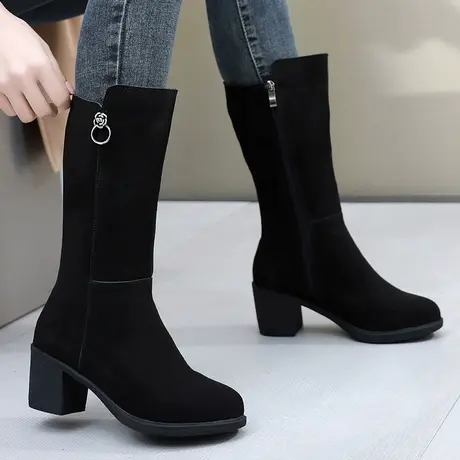 中跟磨砂真皮2022新款春季大码女靴子41一43中筒靴粗跟瘦瘦弹力靴商品大图